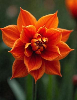 The primary subject of the image is a large, vibrant orange flower with a yellow center. The flower is the main focus of the image, and it is set against a backdrop of green grass. The visual style of the image is a close-up of the flower, showcasing its details and colors. The dominant colors in the image are orange and yellow, creating a warm and lively atmosphere.